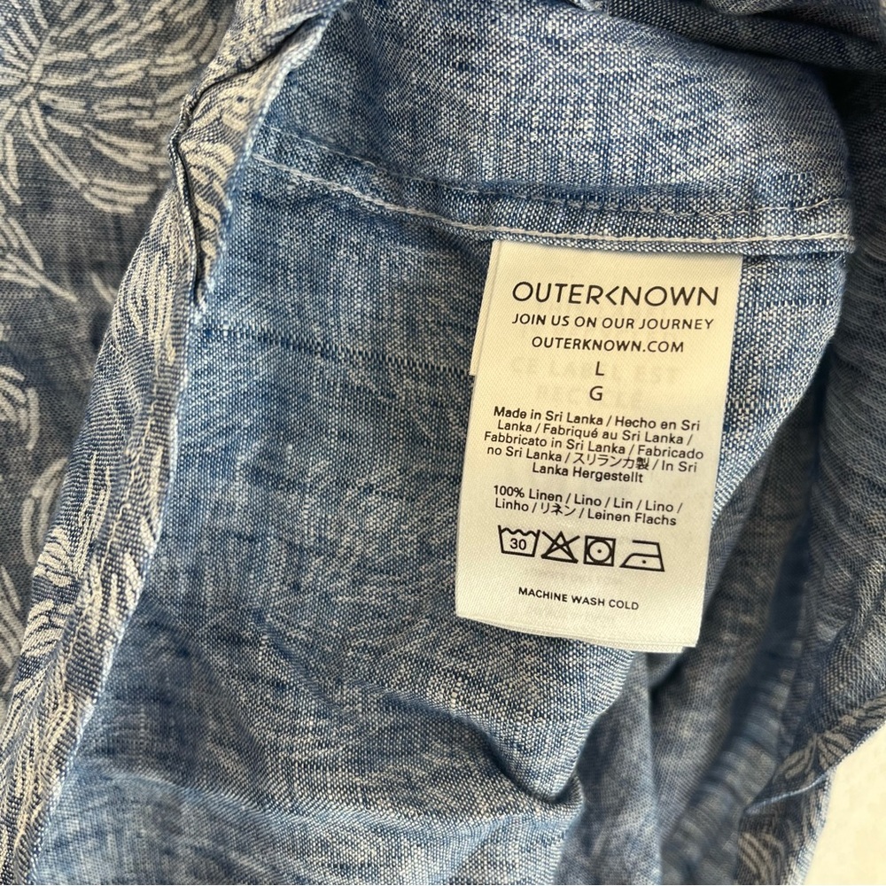 Outerknown Shirt Mens Large Blue Brown Short Sleeve Button Up Leaves Linen - Picture 5 of 7
